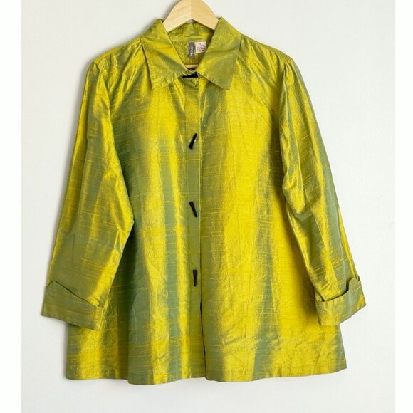 Anu Women Silk Chartreuse Blazer Jacket Large 3/4 Sleeve Luxe Statement Chic - Picture 1 of 8